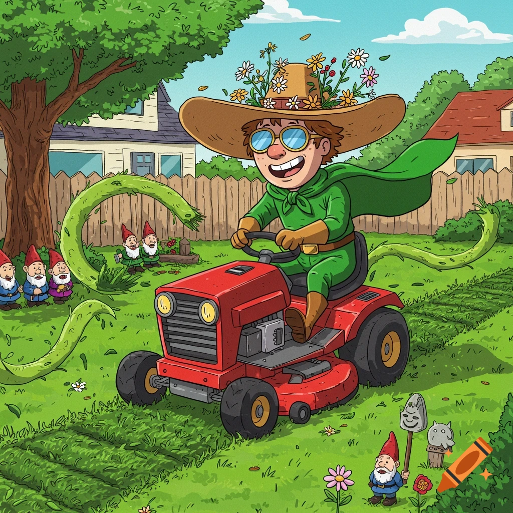Cartoon Lawnranger in a green suit and flower-adorned hat riding a red lawnmower through a gnome-filled backyard.