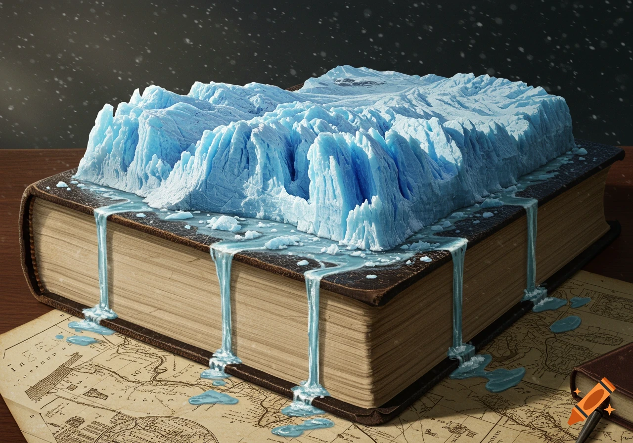 A thick, old book lies open with a jagged glacier on its cover, melting onto an old map below as snow falls.
