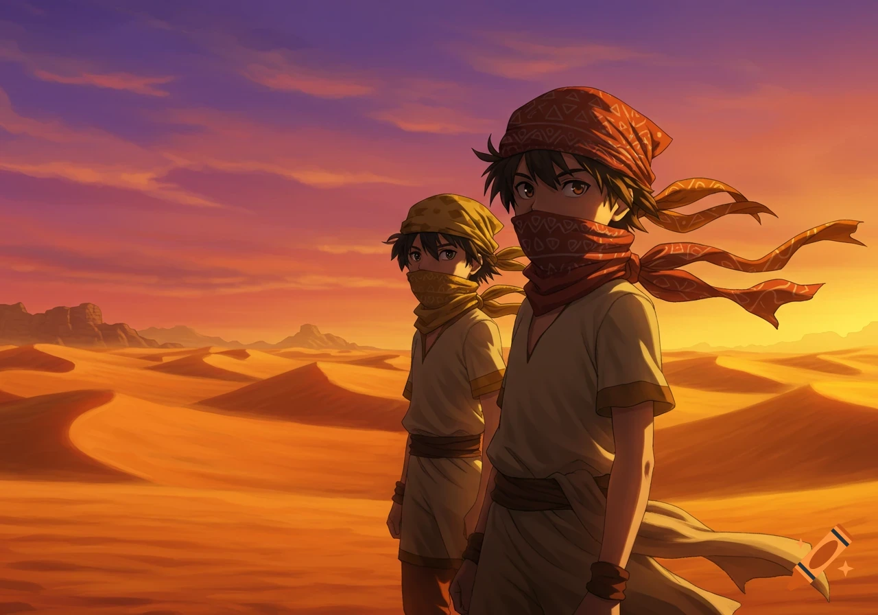 Two anime boys, dressed as desert explorers with bandanas covering their faces, stand in a vast, orange desert at sunset.