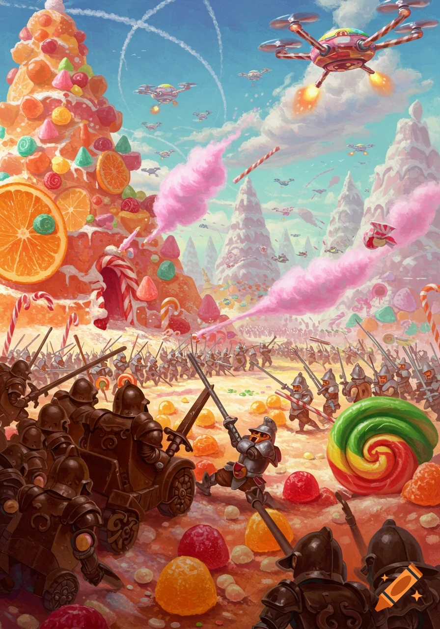 Chocolate soldiers battle in a vibrant candy land with cotton candy clouds and drones in the sky, a whimsical fantasy illustration.