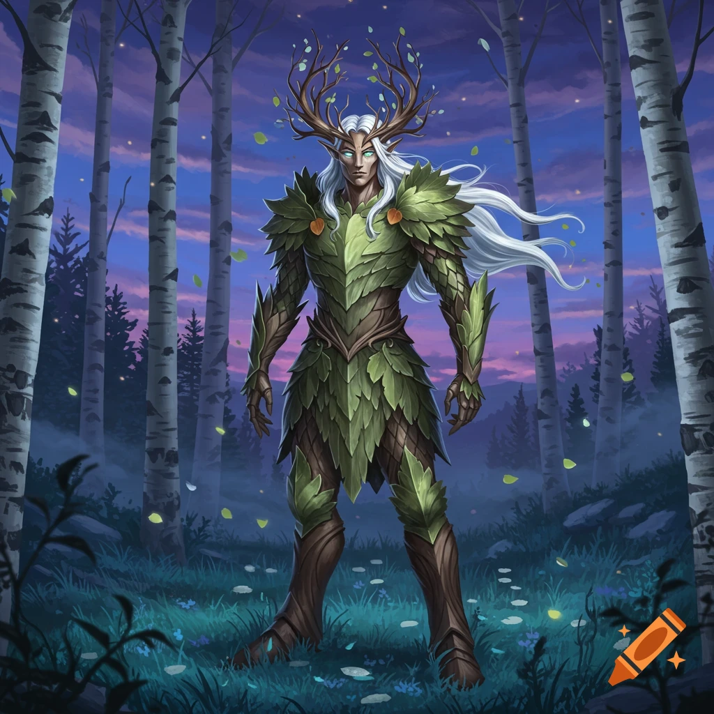 A majestic fantasy nature spirit with long white hair, antlers, and green leaf armor stands in a birch forest at dusk.