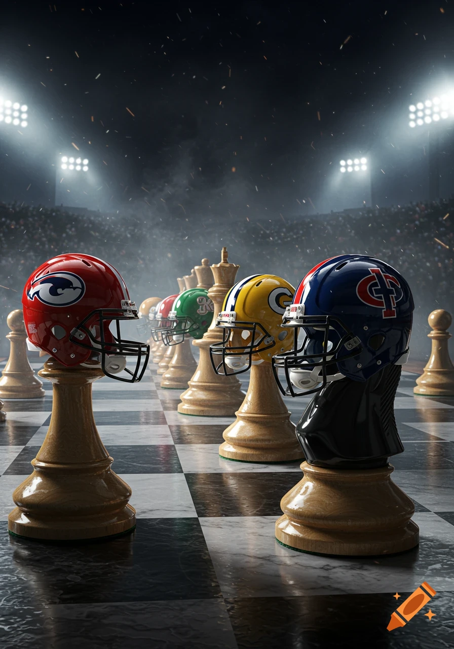 Chess pieces with football helmets on a chessboard in a stadium, with bright spotlights and a smoky atmosphere.