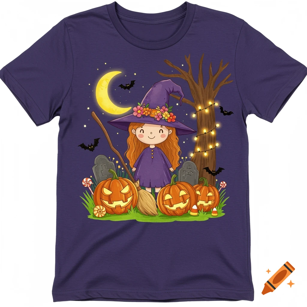 Cute witch with a broom and pumpkins under a crescent moon, bats, and a spooky tree on a purple t-shirt, illustration style.