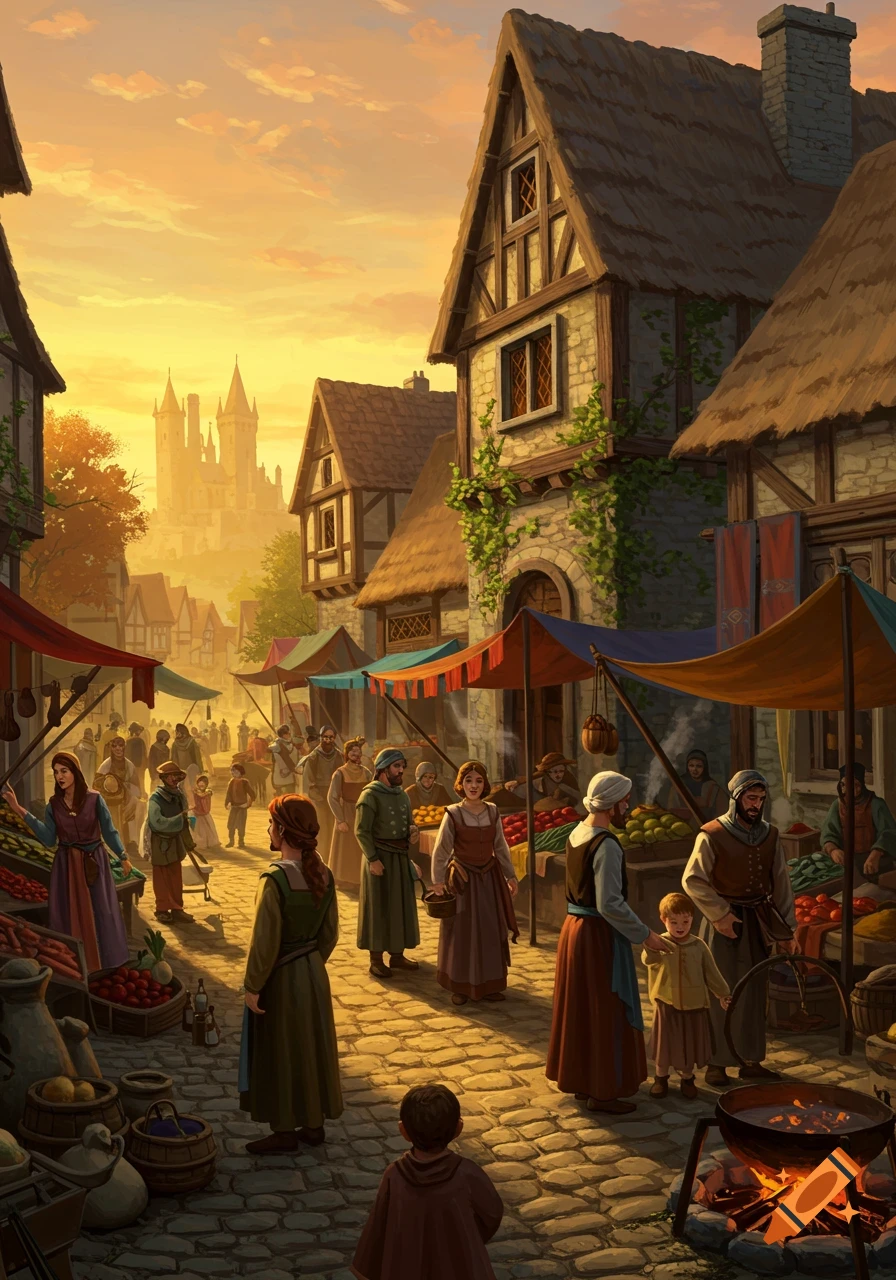 A bustling medieval market street at sunset, with villagers, market stalls, and a distant castle.