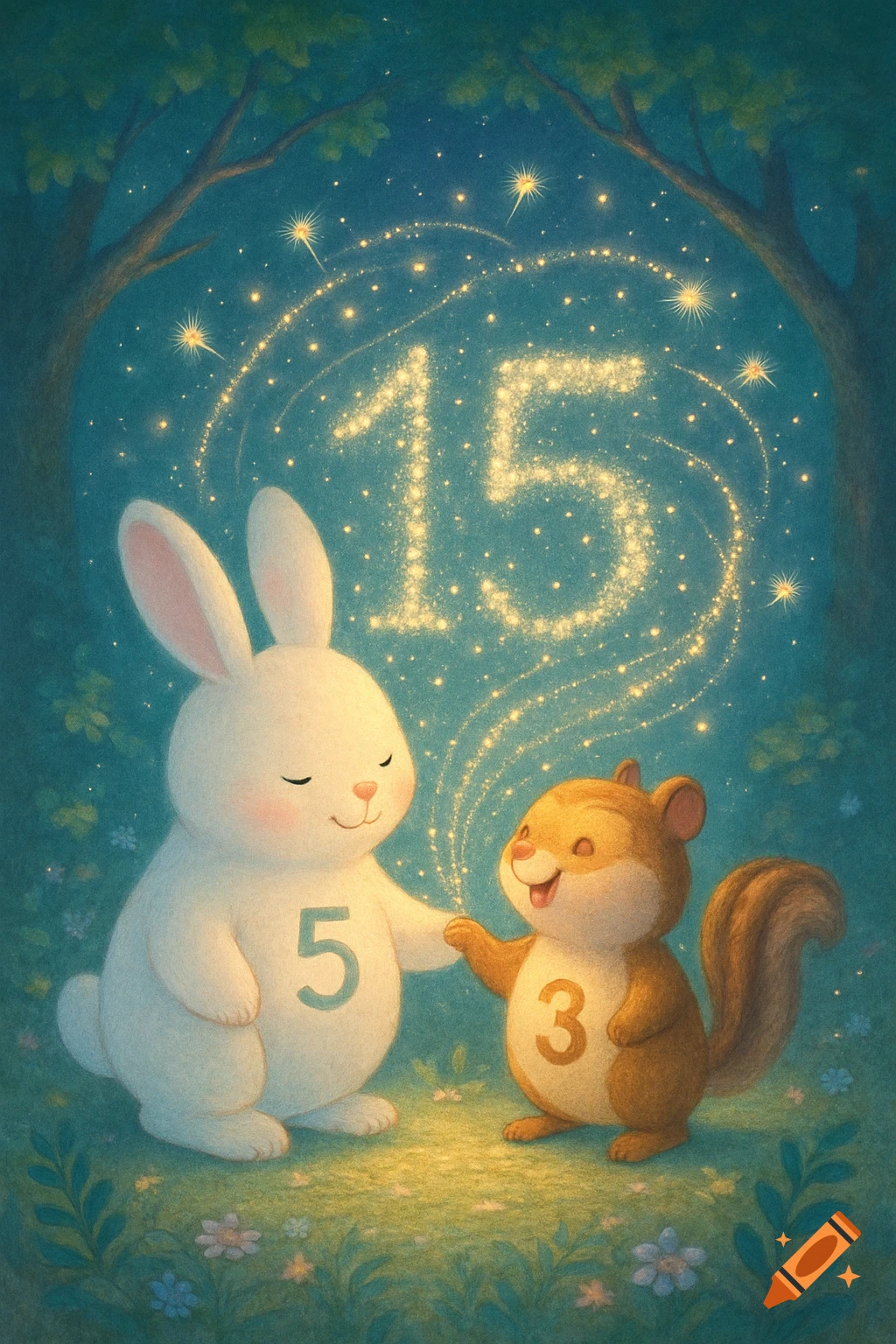 A cute white bunny with a '5' and a brown chipmunk with a '3' shake paws in a magical forest clearing under a glowing '15'.