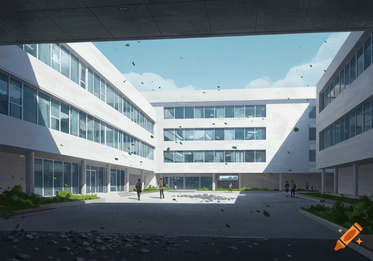 Illustrated modern campus buildings framing a sunny courtyard with scattered leaves and small figures.