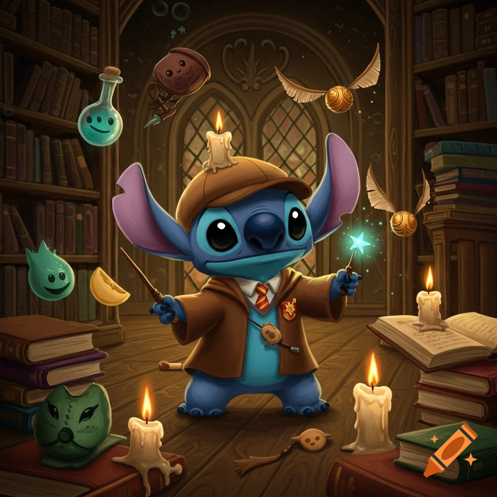 Cute cartoon Stitch dressed as a wizard, holding wands and surrounded by magical items in a library.