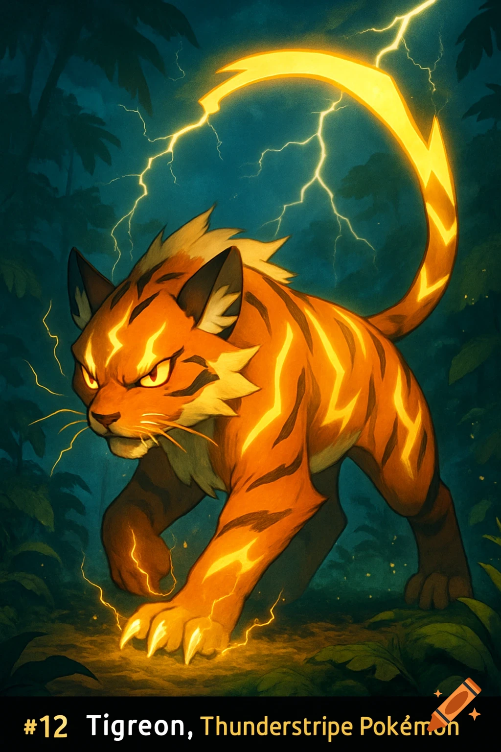 A stylized illustration of an orange, tiger-like electric Pokemon with glowing lightning stripes and bright eyes, walking through a dark jungle, with a lightning bolt tail. Text at bottom reads "#12 Tigreon, Thunderstripe Pok emon".