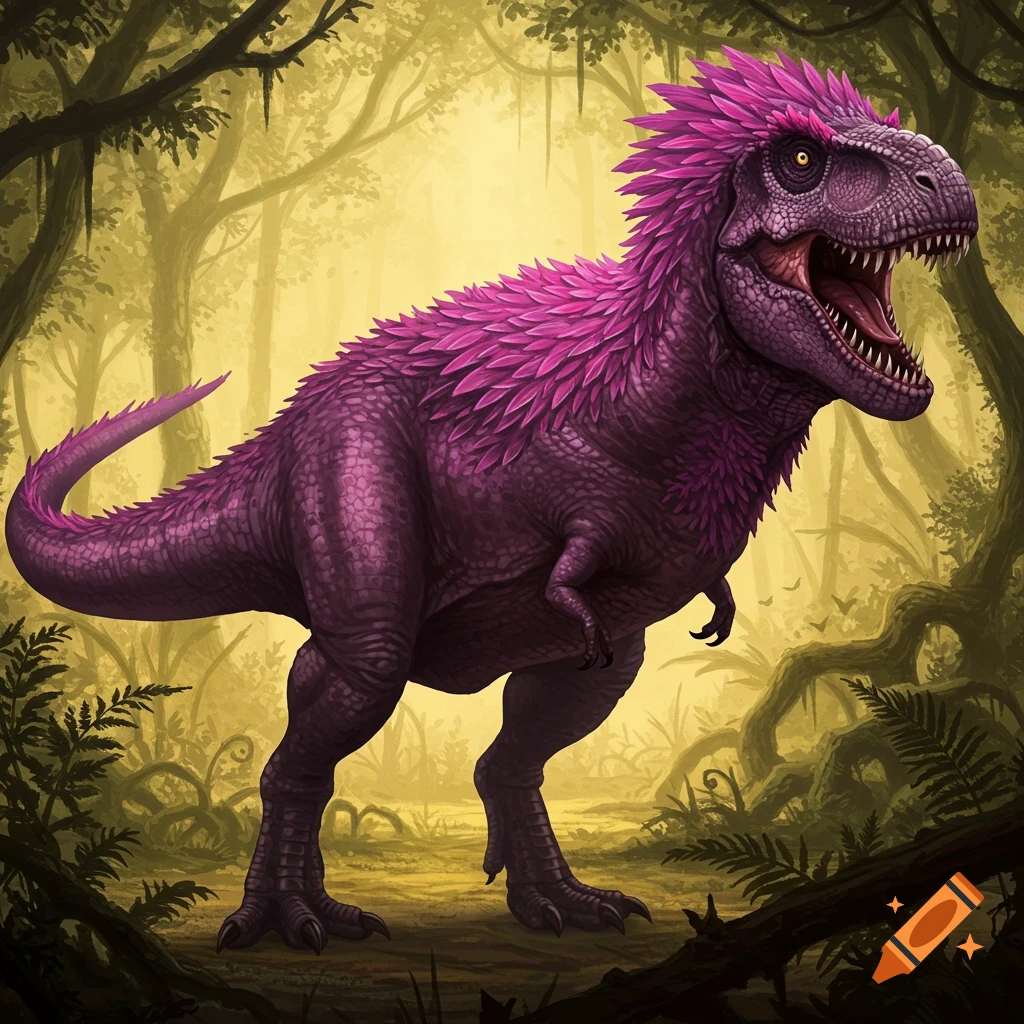A vibrant purple feathered dinosaur with sharp teeth stands in a lush, verdant jungle.