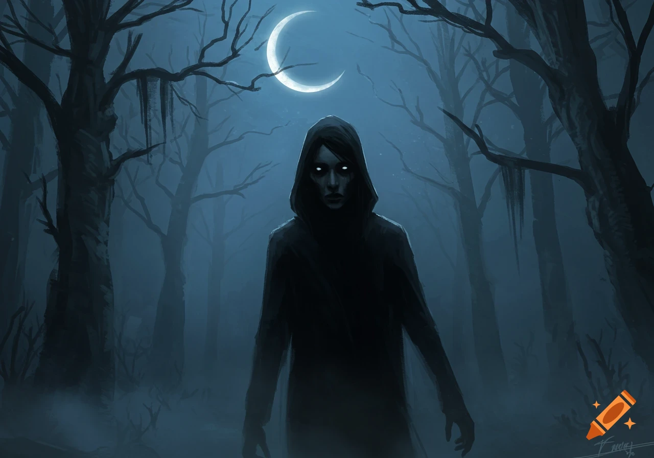 A dark, hooded figure with glowing white eyes stands in a misty, moonlit forest under a crescent moon. Dark art style.