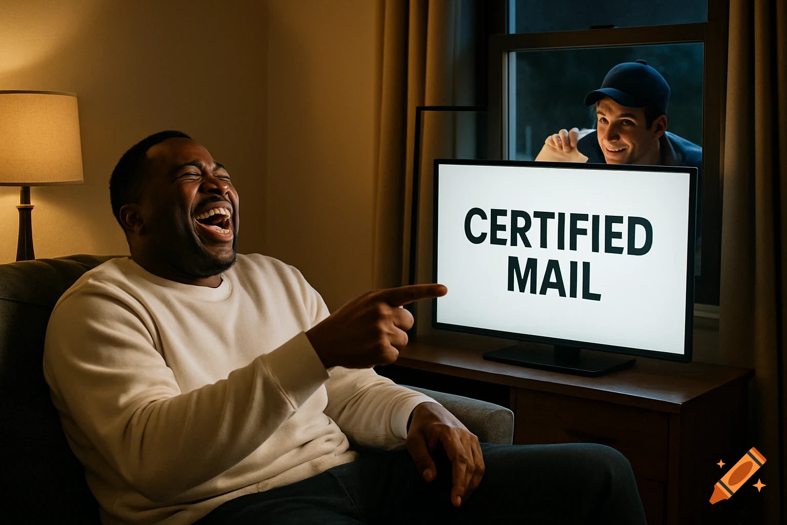 Man laughs, pointing at TV showing 'Certified Mail' as a mailman peeks through the window.