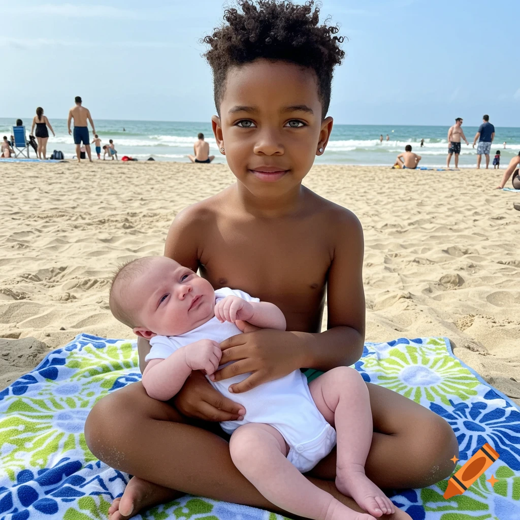 An older boy with curly hair and greenish eyes sits on a towel at a sunny beach, holding a baby in a white onesie.