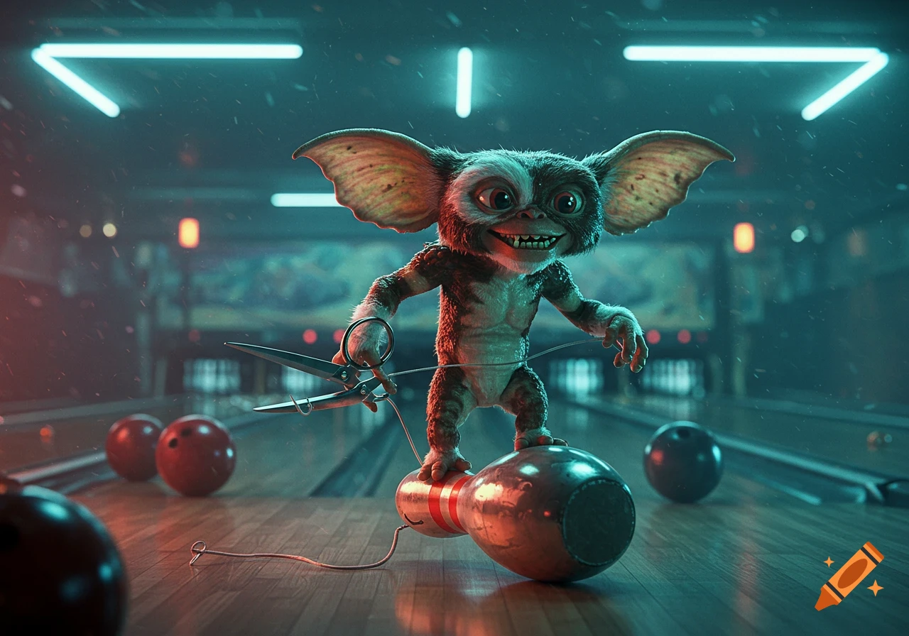 Spike the Gremlin standing on a bowling pin in a neon-lit bowling alley, holding scissors, photorealistic style.