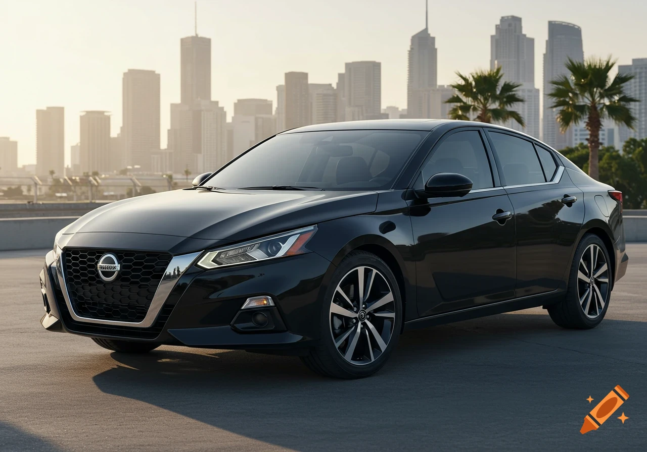 A black Nissan Altima sedan with dark tinted windows parked in front of a city skyline with palm trees during golden hour.