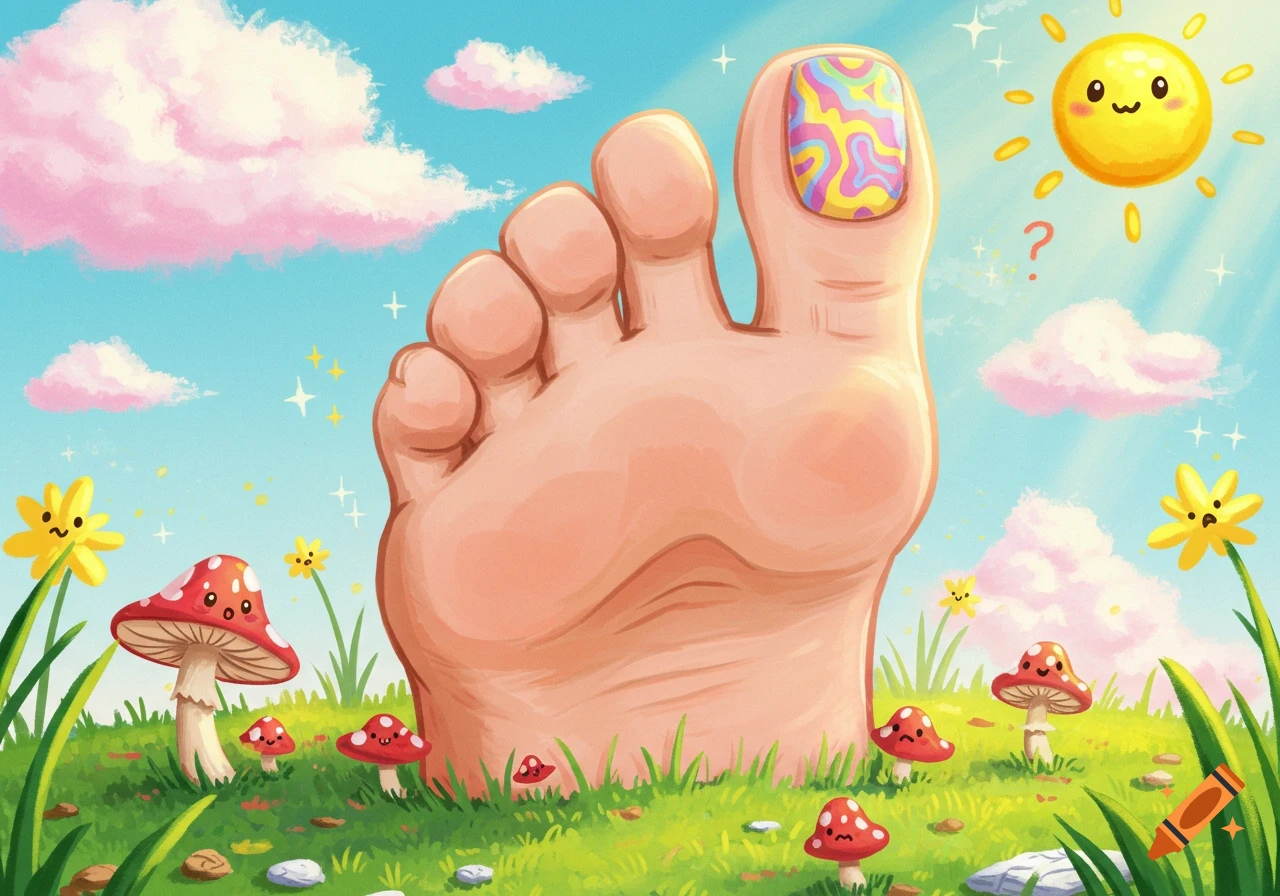A giant cartoon foot with a psychedelic toenail in a whimsical field with smiling mushrooms, flowers, and a happy sun.