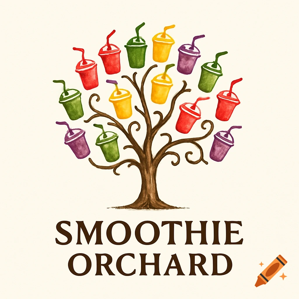 Watercolor logo of a brown tree with colorful red, green, yellow, and purple smoothies on its branches, with 'SMOOTHIE ORCHARD' text below.