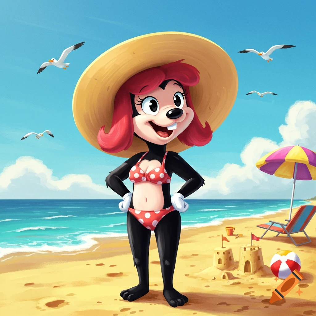 Cartoon character Peg Pete in a straw hat and red polka-dot bikini smiles on a sandy beach with the ocean, sandcastles, and gulls.