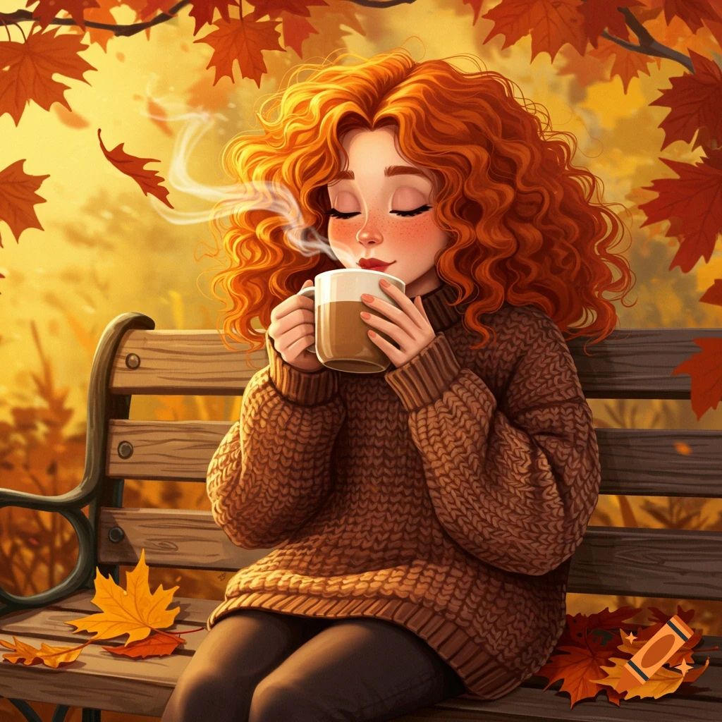 An illustrated redhead woman in a brown sweater sips a steaming mug on a park bench surrounded by autumn leaves.