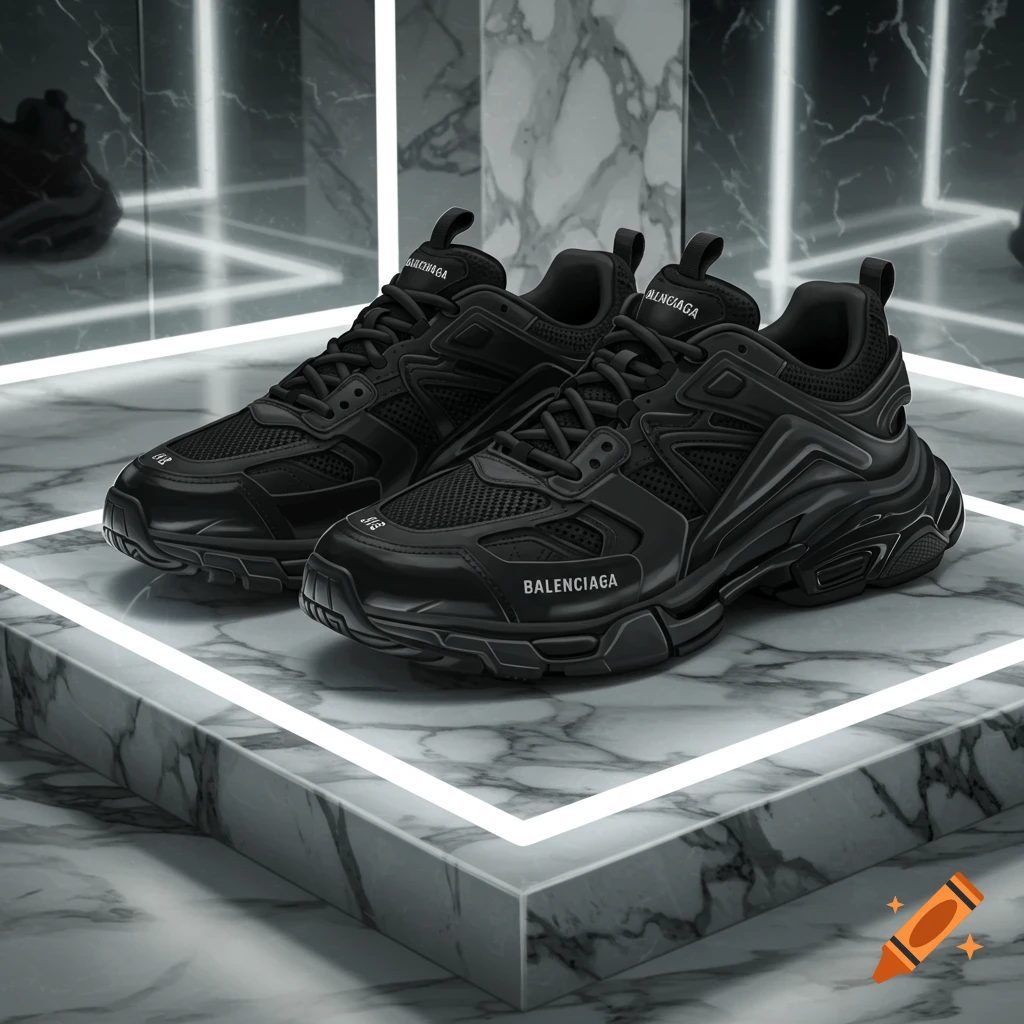 A pair of black Balenciaga running shoes with intricate soles, displayed on a marble pedestal with white neon lights.