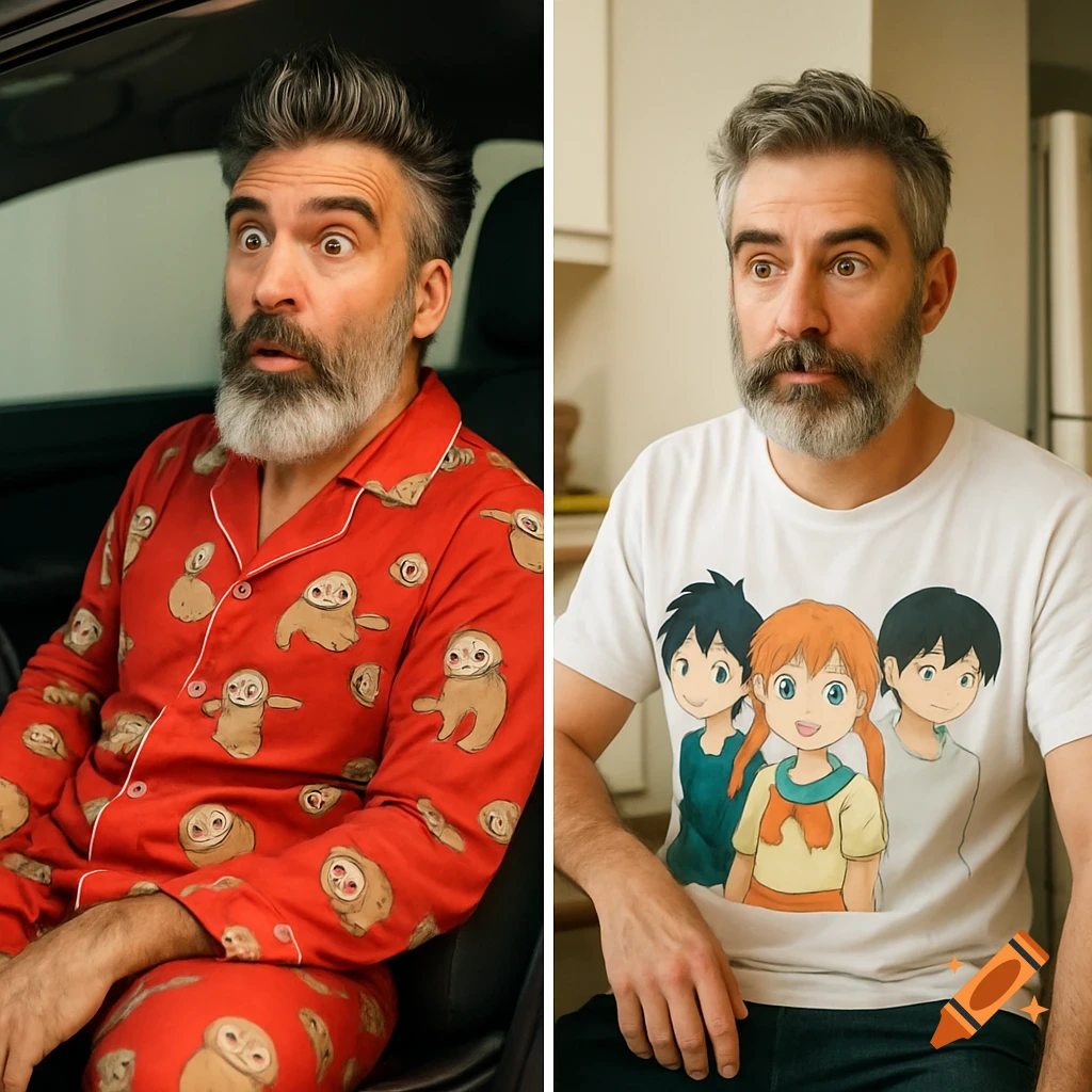 A man with a grey beard and surprised expression wears two different outfits: a red sloth-patterned pajama set in a car and a white anime T-shirt in a kitchen.