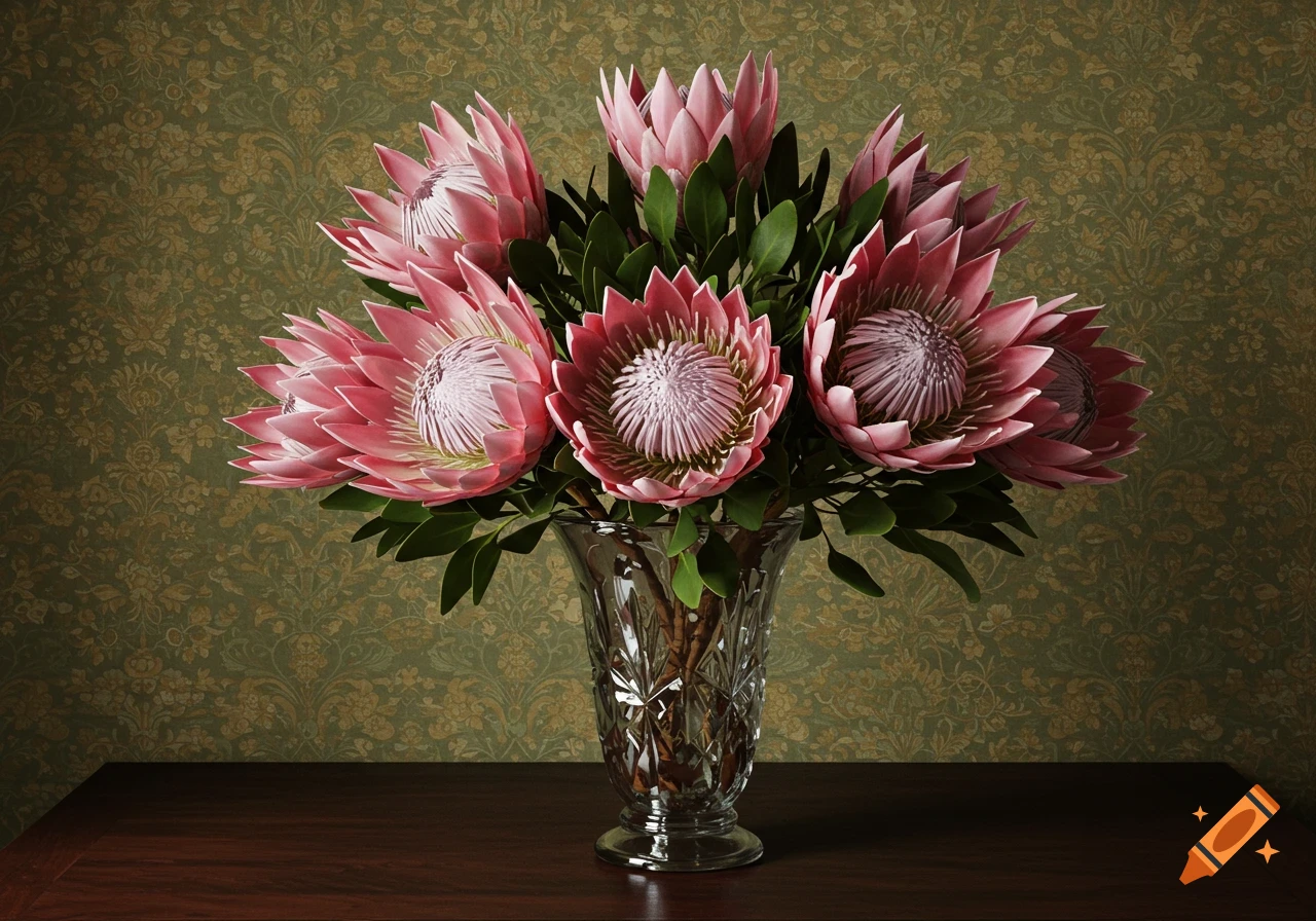 A photorealistic still life of pink protea flowers in a clear glass vase on a wooden table, against a green antique patterned wallpaper.
