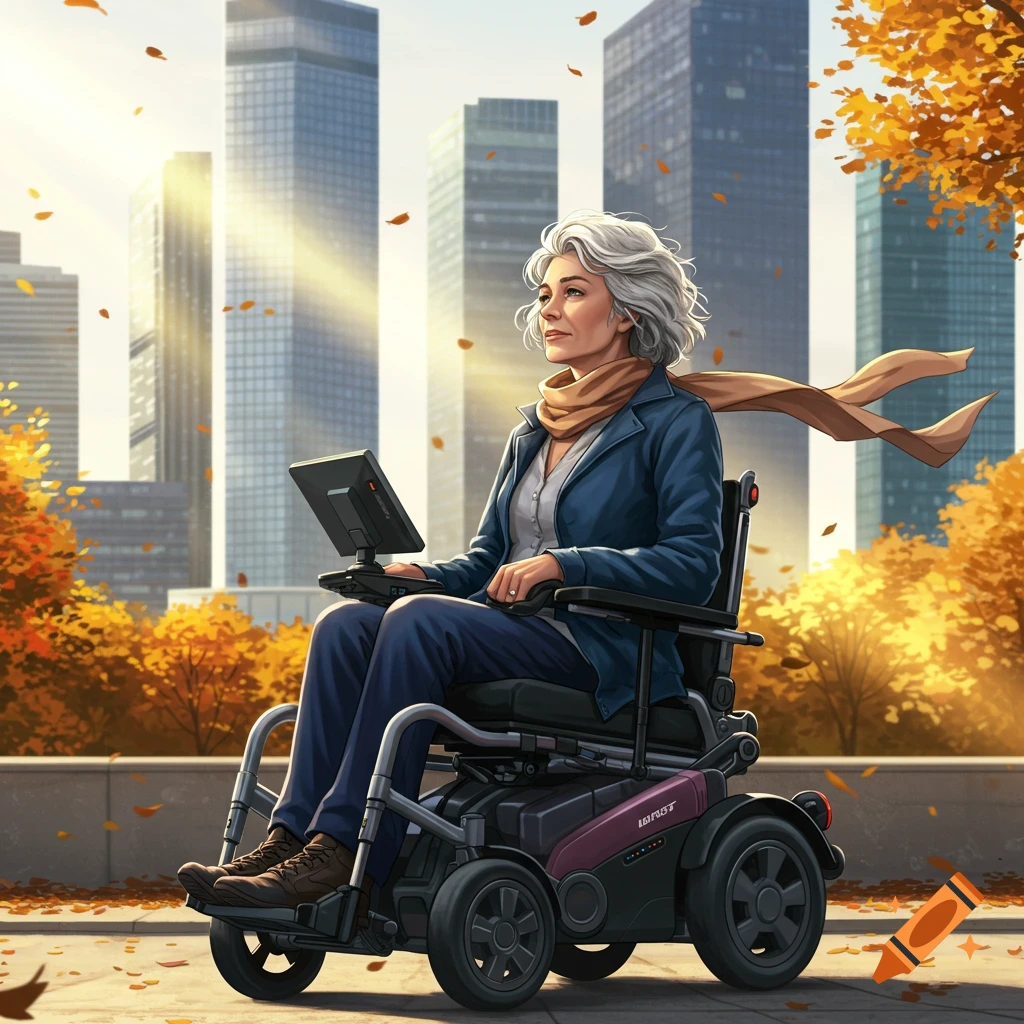 A woman with gray hair in a power wheelchair looks to the side in an urban park during autumn, with city skyscrapers in the background. Photorealistic style.