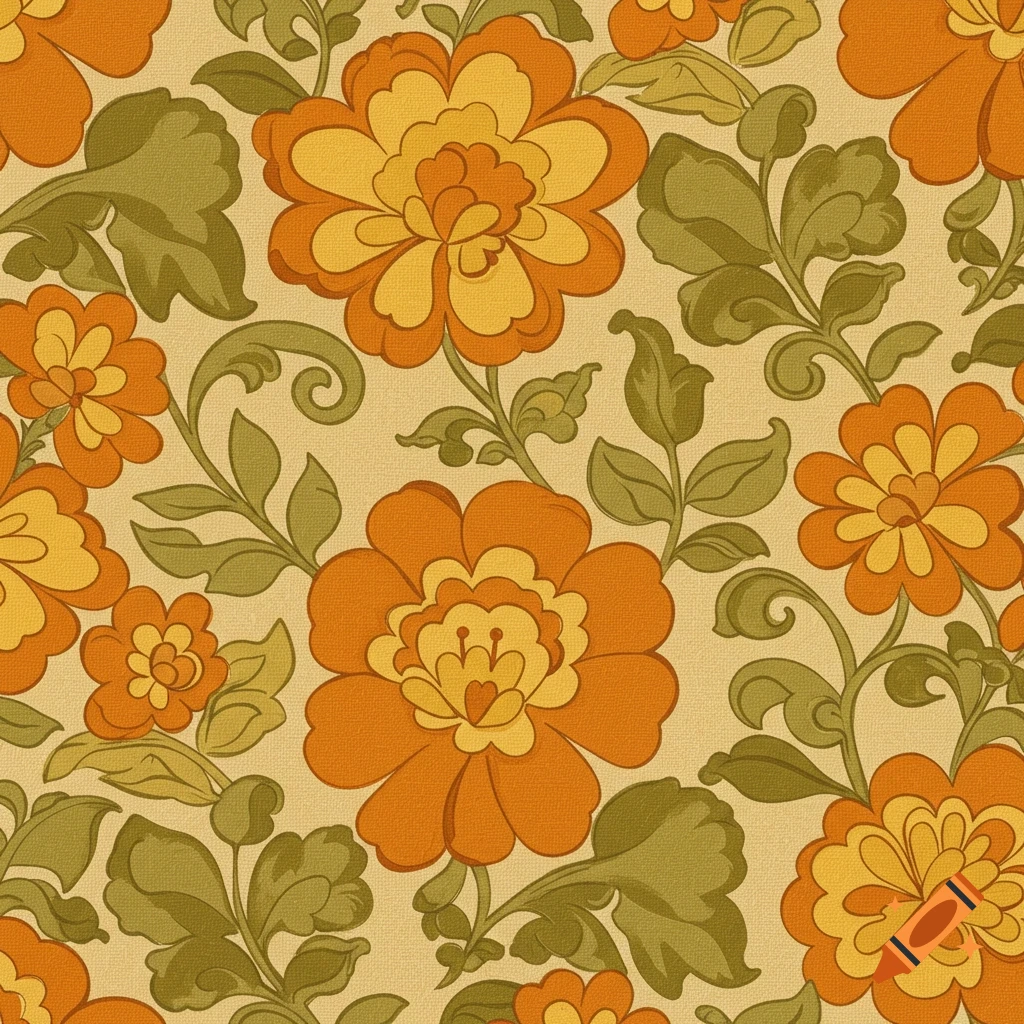 A seamless 1970s floral pattern with large orange and yellow flowers, green leaves, and vines on a light beige background.