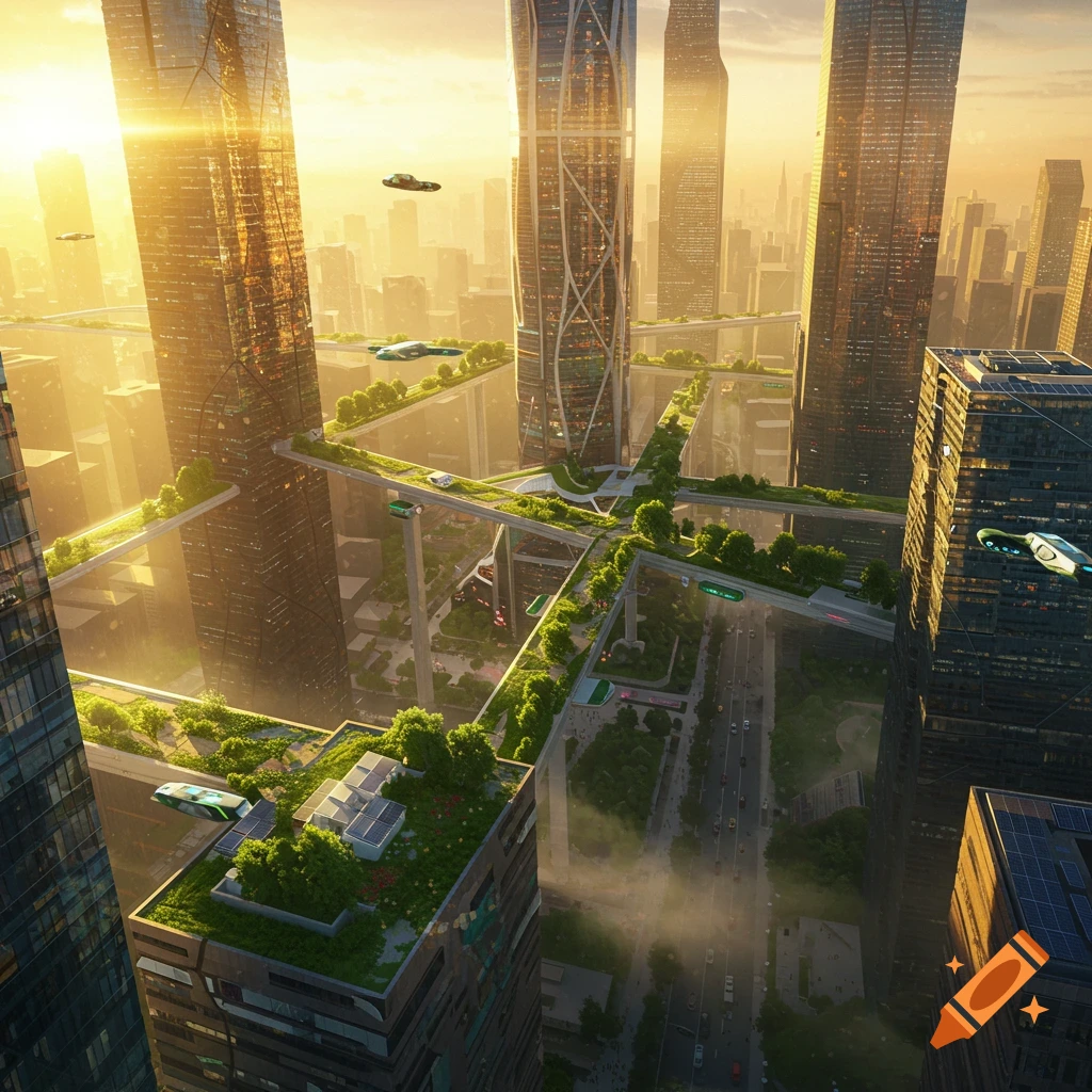 A vibrant, futuristic cityscape at sunrise, featuring towering green skyscrapers, elevated pathways, and flying vehicles.