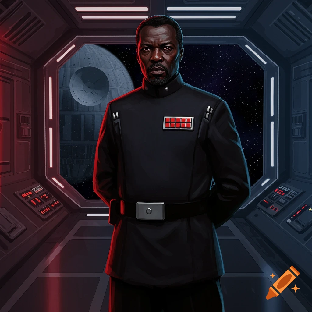 A grim black imperial officer with a scar, standing in a spaceship cockpit overlooking the Death Star and stars.