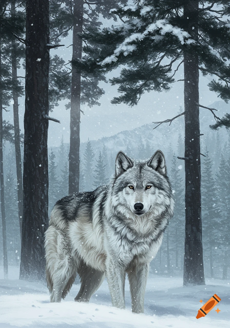 A majestic grey wolf with golden eyes stands in a snowy pine forest with falling snow, in a realistic style.