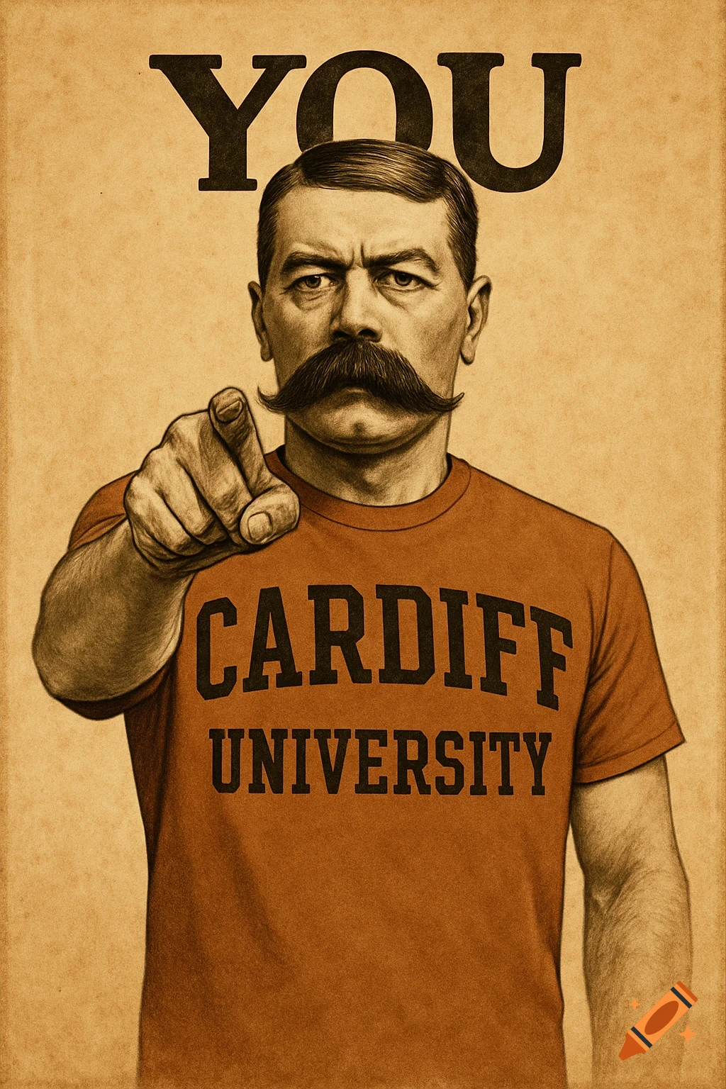 A vintage-style poster of a man with a large mustache pointing at the viewer, wearing an orange t-shirt with 'CARDIFF UNIVERSITY' and 'YOU' above his head.