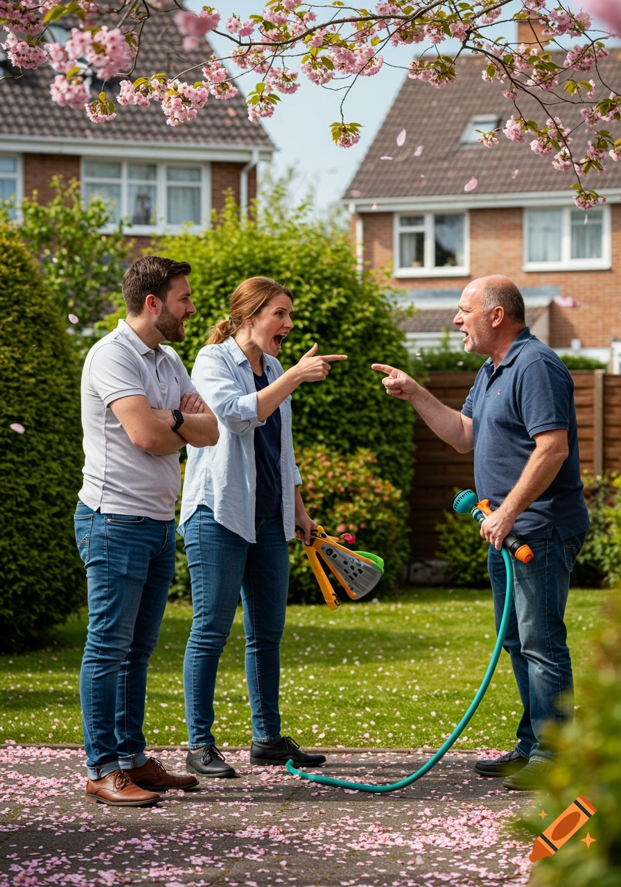 Three neighbors arguing and pointing fingers at each other in a sunny garden with pink blossoms.