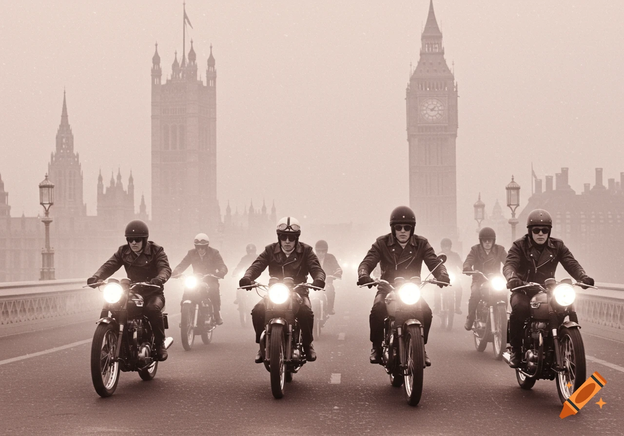 A sepia-toned image of bikers on vintage motorcycles riding in a foggy convoy across Westminster Bridge, London.