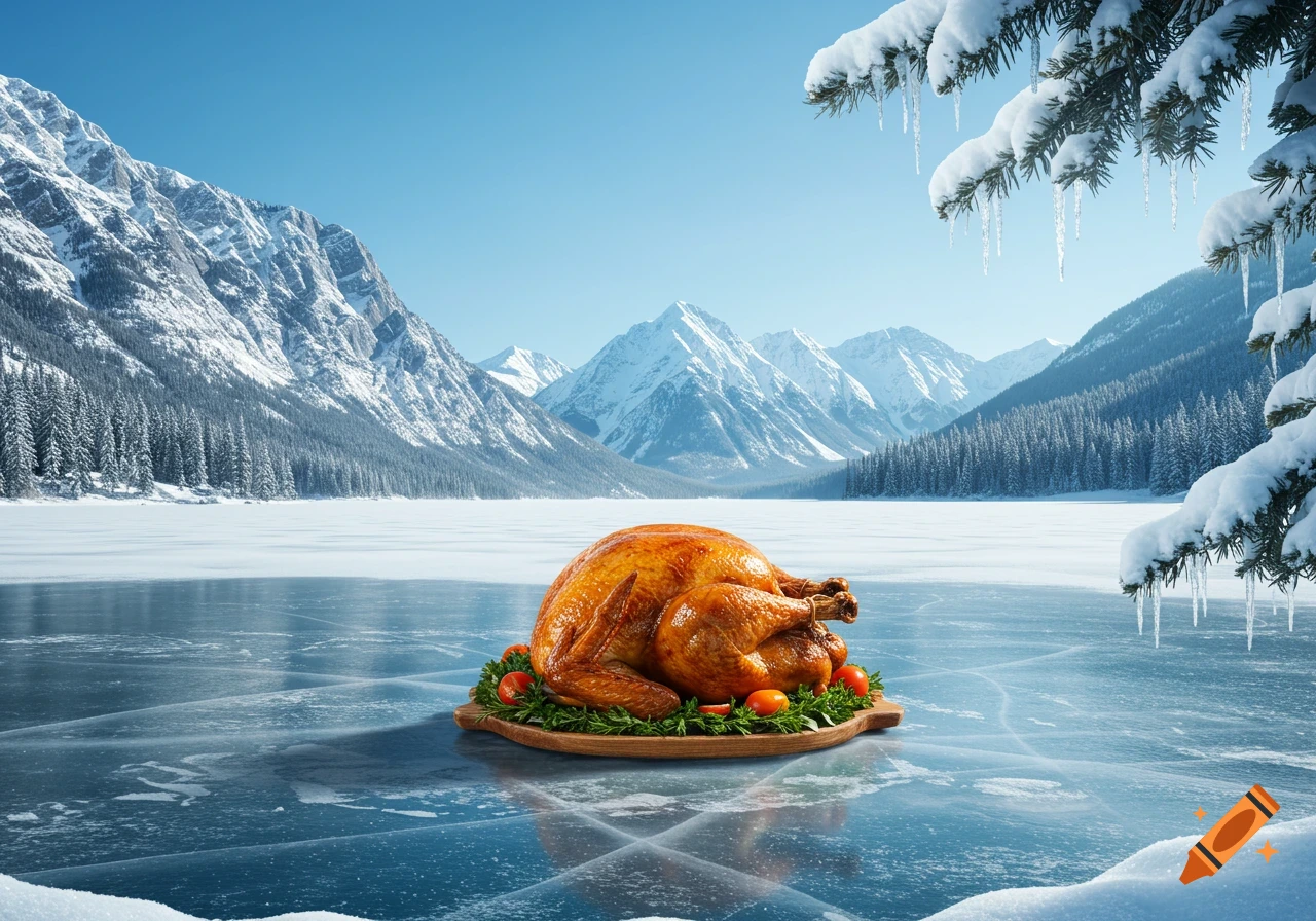 Photorealistic image of a roasted turkey on a platter with garnishes, resting on a frozen lake in a snowy mountain landscape.