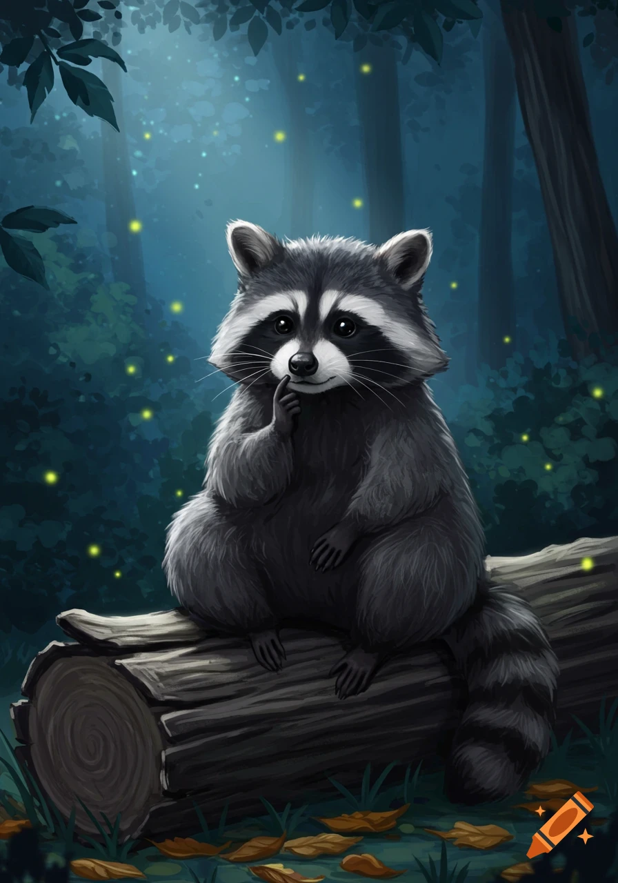 Illustrative raccoon with a thoughtful expression, sitting on a log in a dark forest with glowing fireflies.