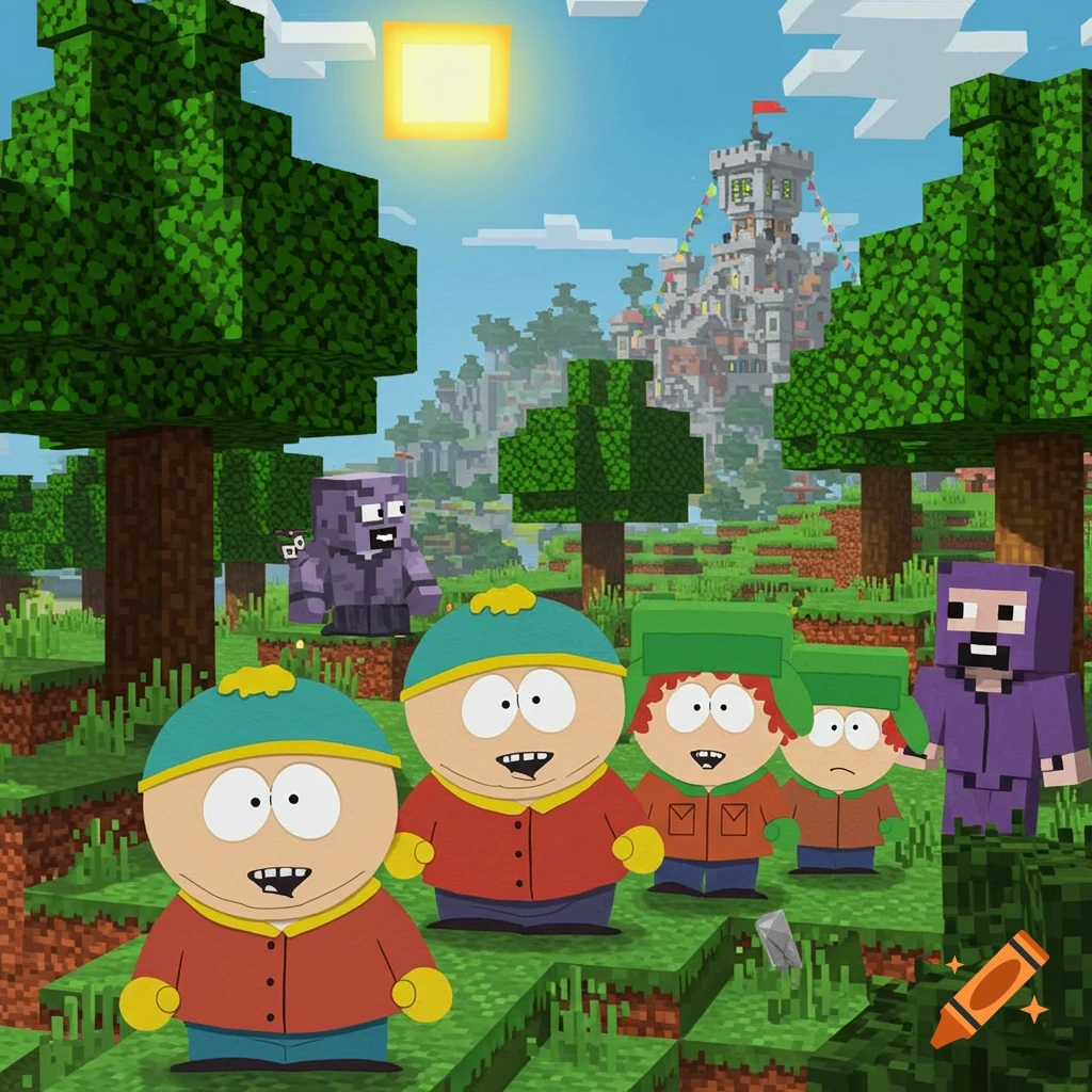 South Park characters Eric Cartman and Kyle Broflovski standing in a blocky Minecraft forest with a castle in the background.