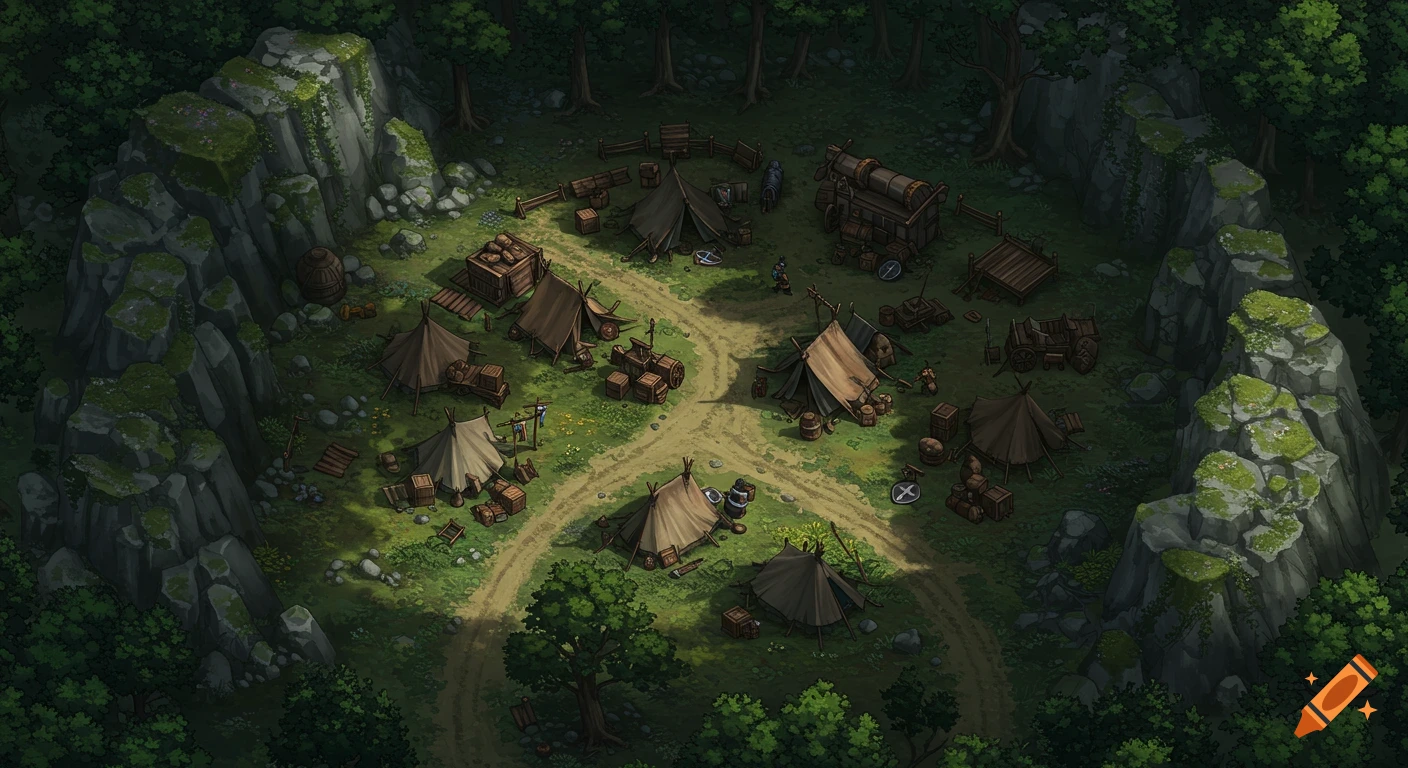 A top-down view of a fantasy warcamp with tents, carts, and crates in a forest clearing surrounded by rocky cliffs.