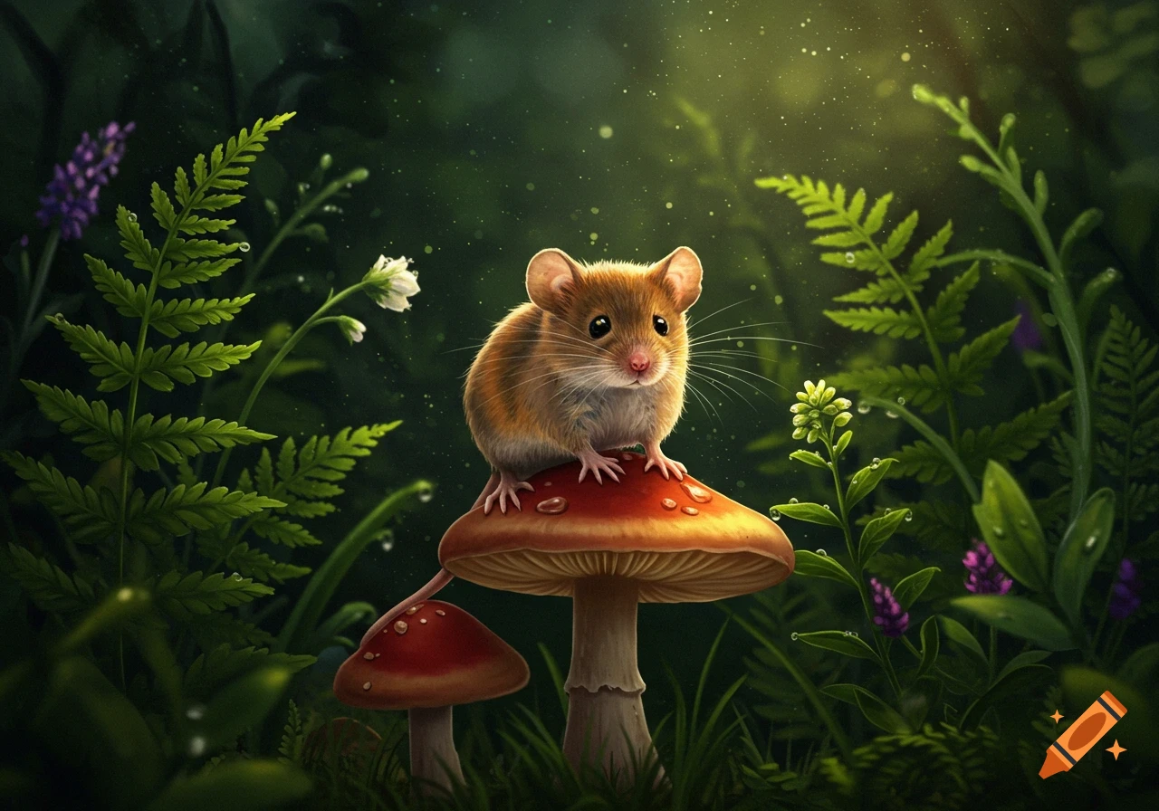 A whimsical illustration of a small brown mouse perched on a red and orange mushroom in a lush, green, glowing forest.