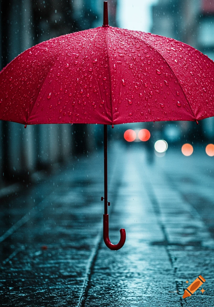 A vibrant red umbrella covered in raindrops on a wet city street at night, with blurred lights in the background.