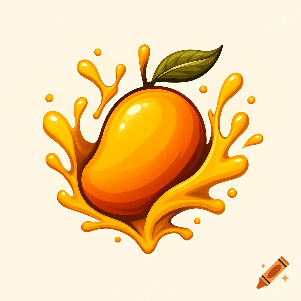 Vibrant illustration of an orange mango with a green leaf, surrounded by dynamic yellow liquid splashes, styled as a logo.