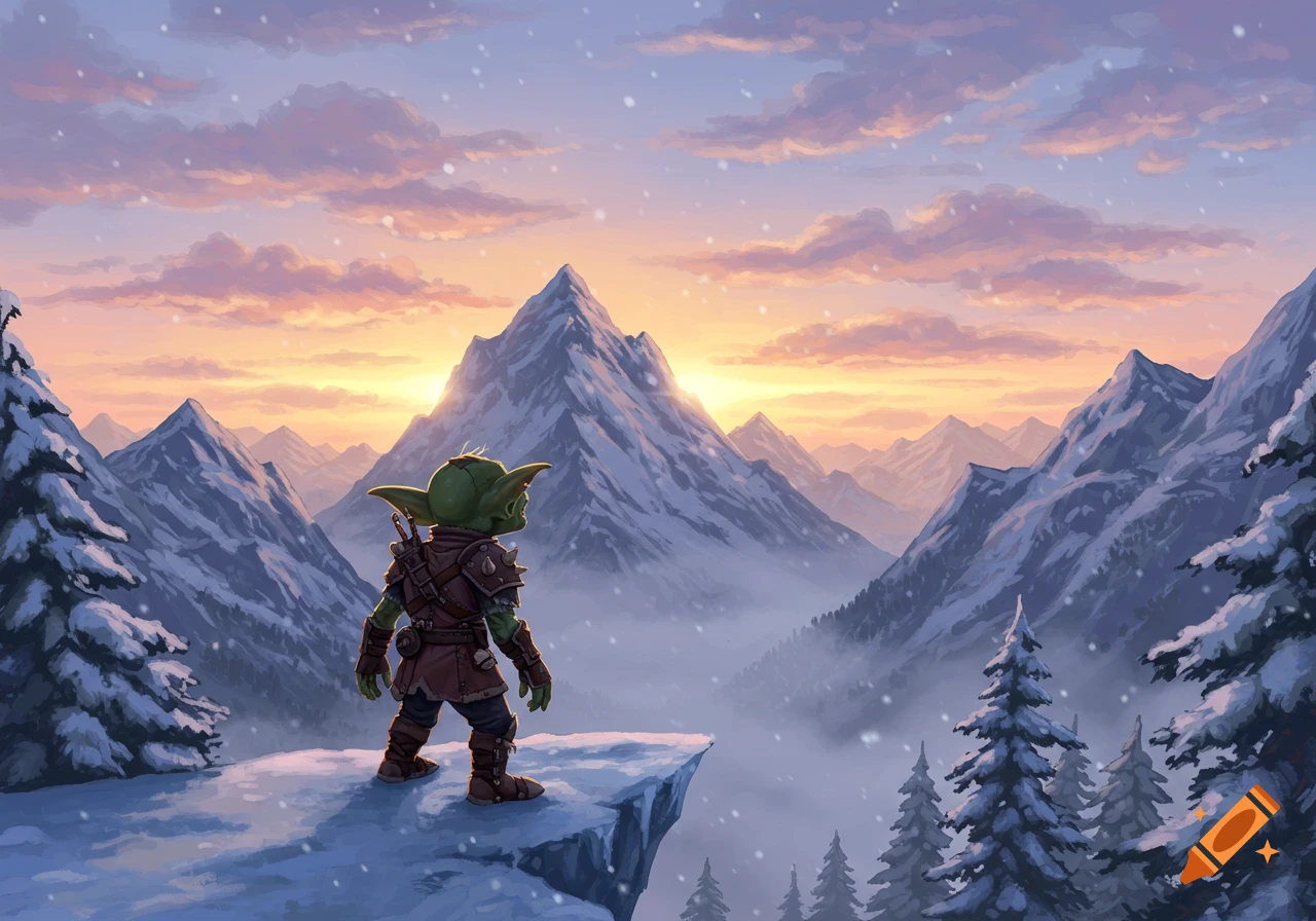 A small goblin in armor stands on a snowy cliff edge, watching a vibrant sunrise over vast snow-capped mountains.
