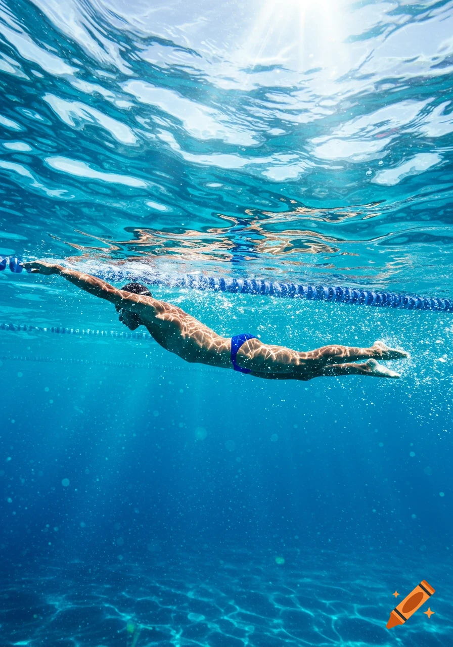 A male swimmer in a blue speedo glides gracefully underwater in a bright blue pool, with sunlight shimmering from the surface.