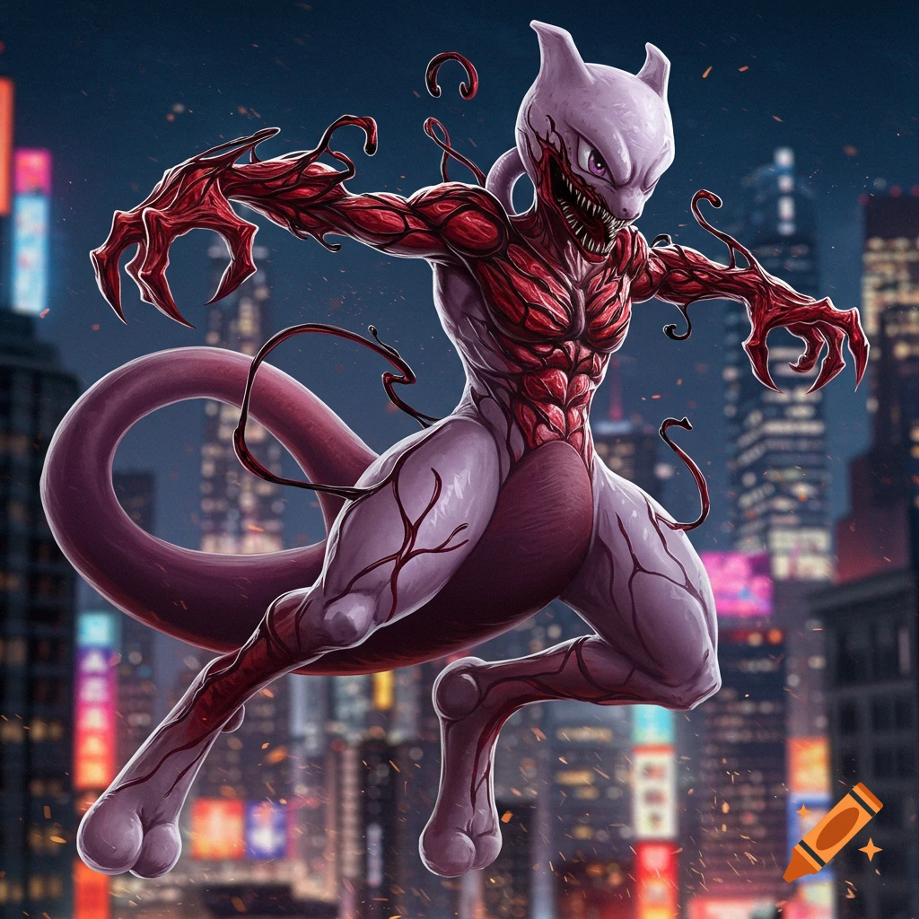 Mewtwo fused with the red Carnage symbiote floats over a city at night, claws extended, in a dynamic comic art style.