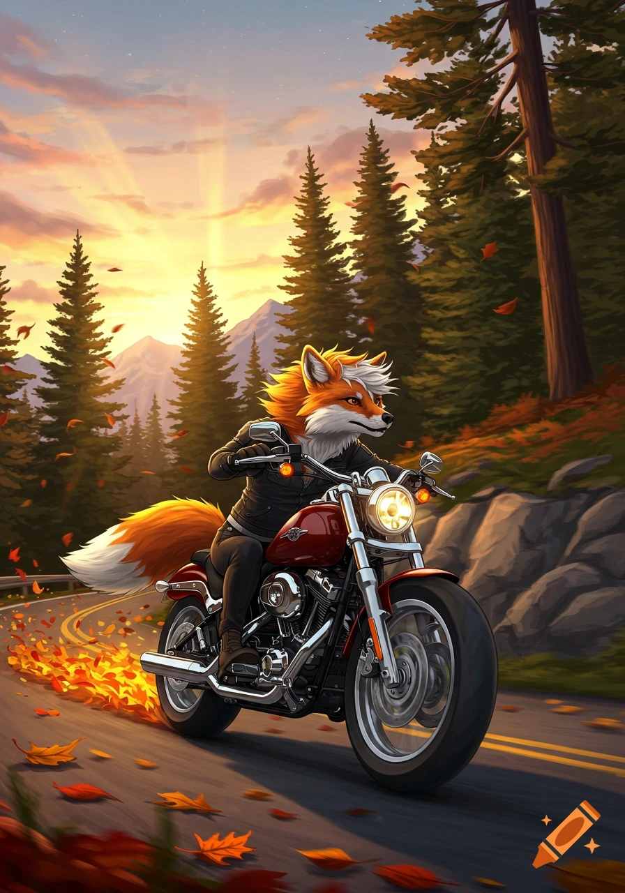 An anthropomorphic fox in a leather jacket rides a red motorcycle down an autumn forest road at sunset, with leaves flying behind the bike.