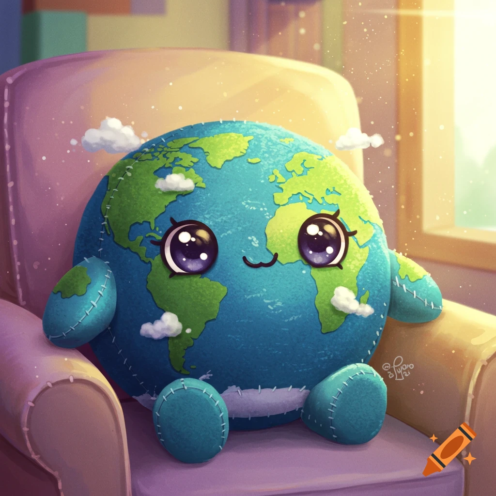 A cute, plushie Earth with big sparkling eyes and a smile, sitting in a cozy armchair bathed in warm sunlight, with small clouds.