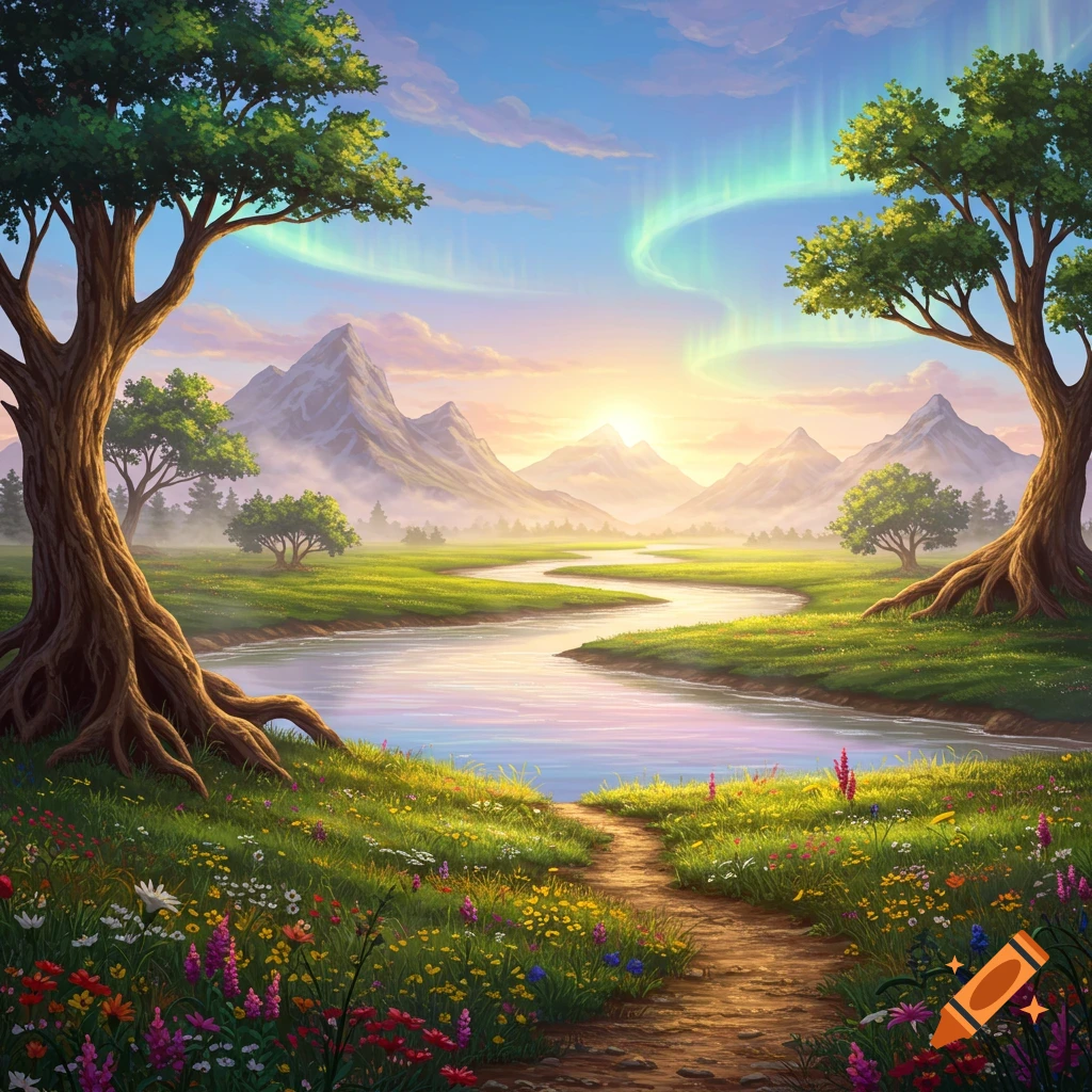 Vibrant fantasy landscape with a winding river, lush fields, wildflowers, mountains, and aurora borealis at sunset.