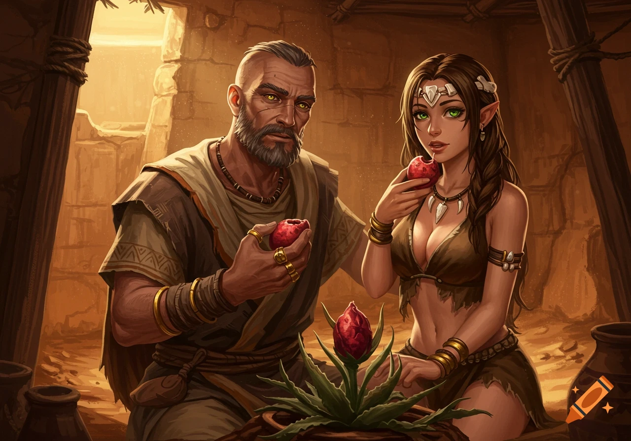 A bearded man with yellow eyes and an elf-like woman with green eyes eat fruit from a wilting plant in a prehistoric desert setting.