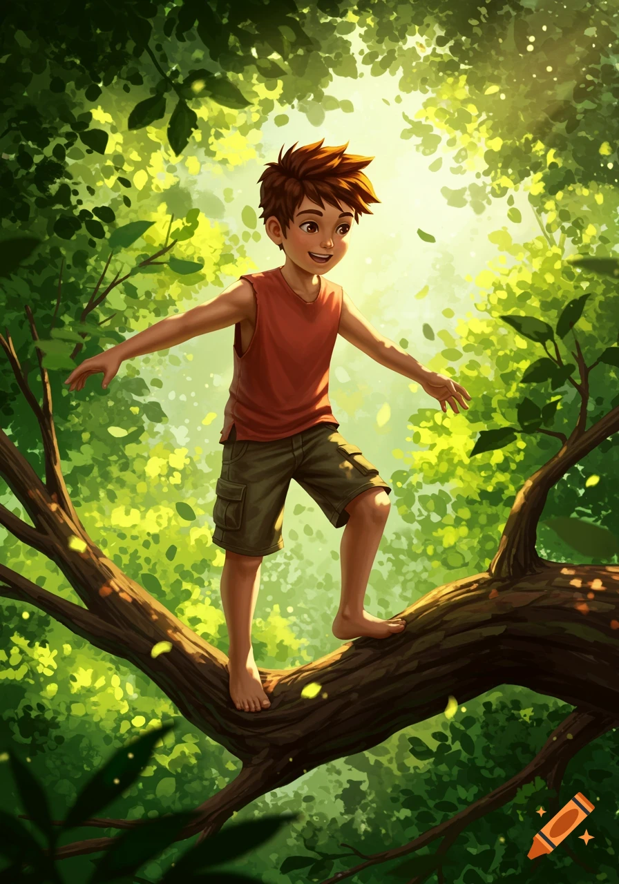 A smiling cartoon boy in a red shirt and shorts balances barefoot on a tree branch in a lush, sun-dappled forest.