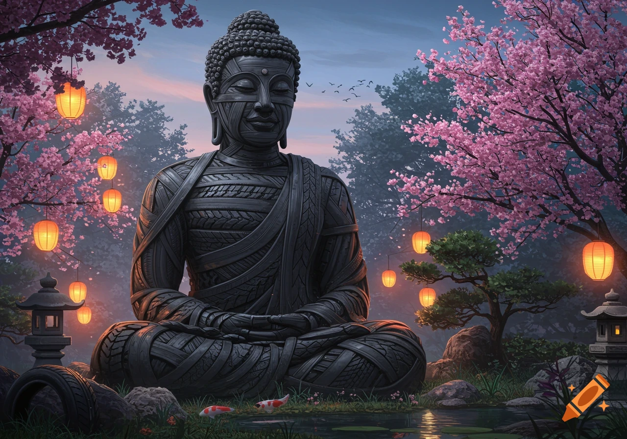 A Buddha statue made of dark tires sits in a vibrant Japanese garden with pink cherry blossoms and glowing lanterns.
