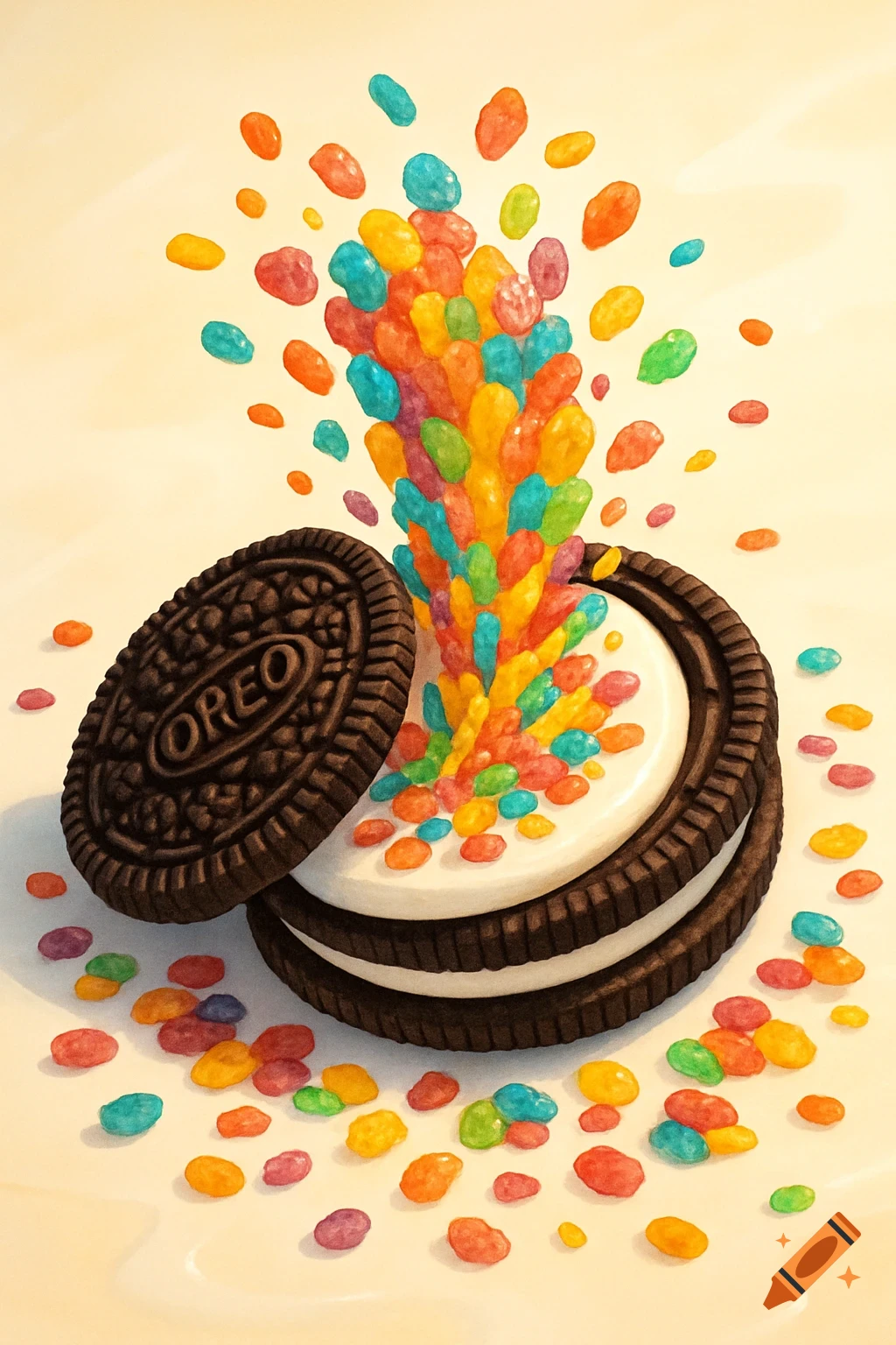 An Oreo cookie with its top removed, spilling a cascade of colorful cereal from its cream filling, in an illustrative style.